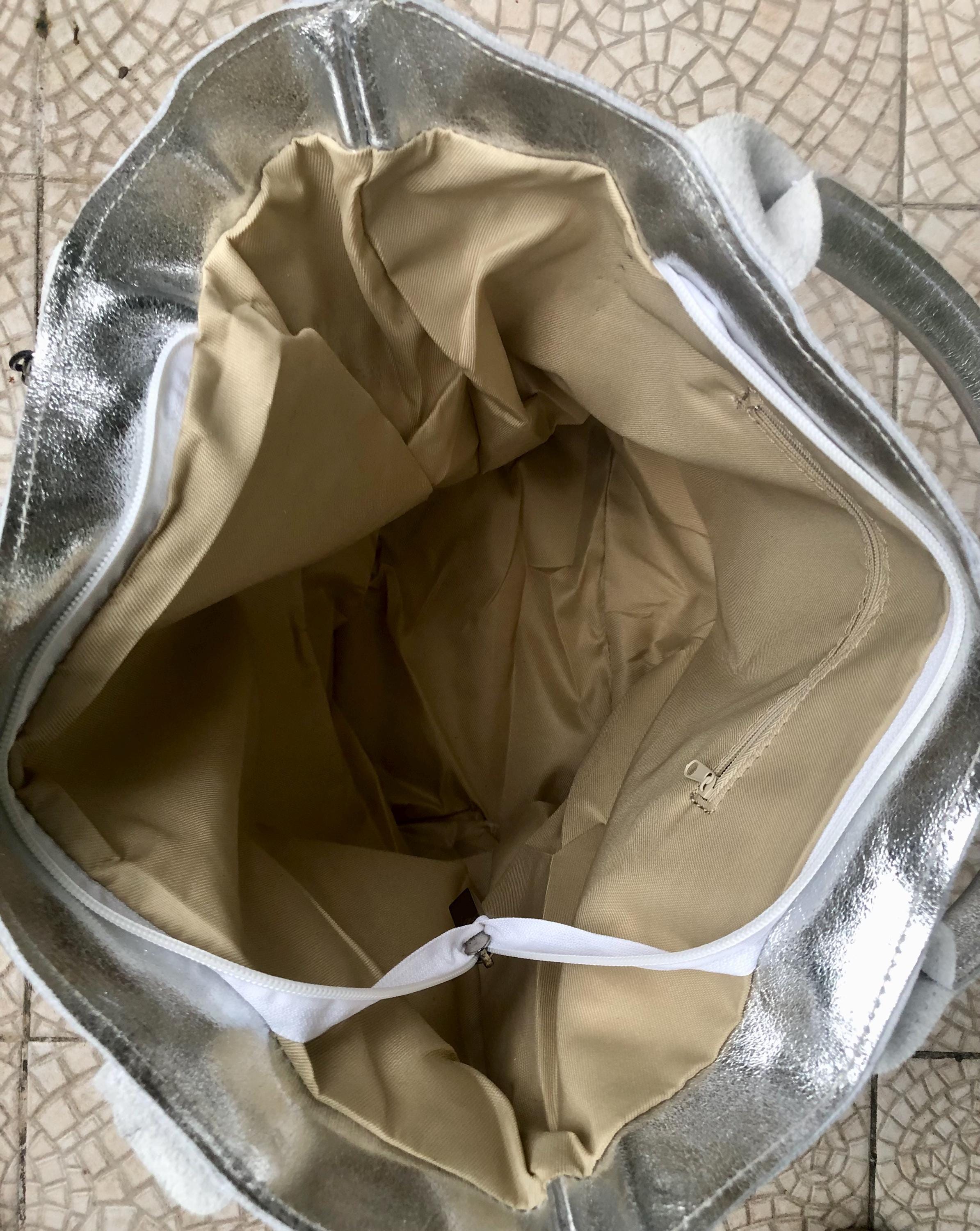 Shoulder leather bag in SILVER. Genuine leather shopper bag. Large carry all bag for your laptop, books. LINED metallic SILVER leather purse