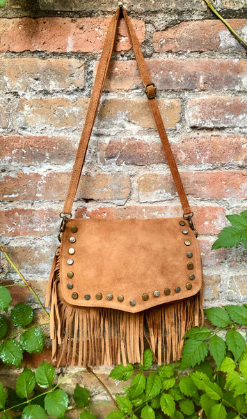 Camel brown crossbody fringed bag with tacks.BOHO suede leather bag with FRINGES. Tan brown genuine suede leather. Light brown suede purse