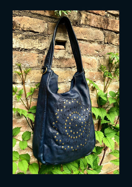 NAVY blue distressed leather shoulder / crossbody bag. Soft genuine leather shopper. Dark blue boho hippy bag. Navy leather purse