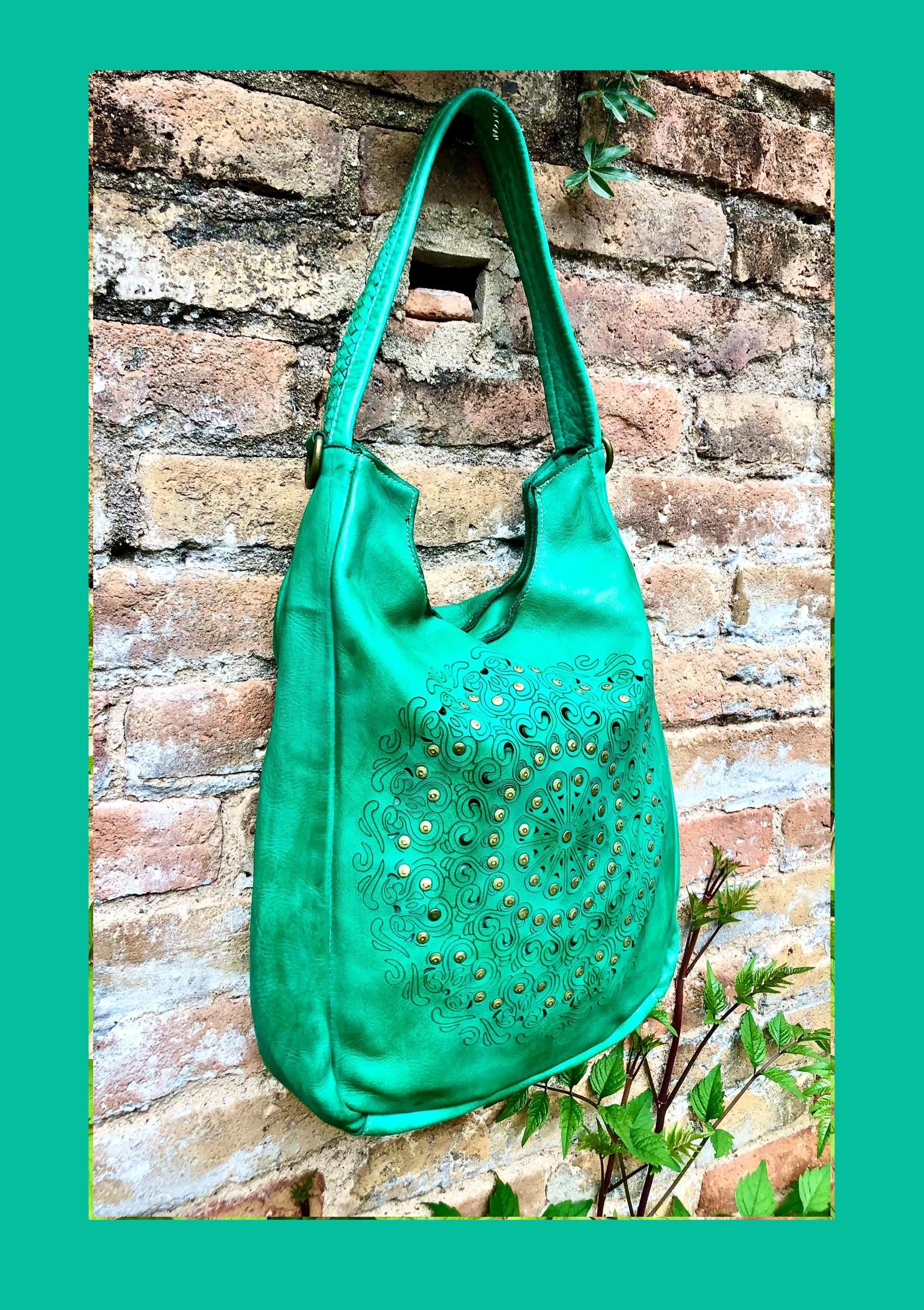 GREEN distressed leather shoulder / crossbody bag. Soft genuine leather shopper. Green boho hippy bag. Green leather purse with tack design