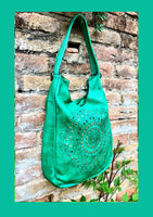 GREEN distressed leather shoulder / crossbody bag. Soft genuine leather shopper. Green boho hippy bag. Green leather purse with tack design