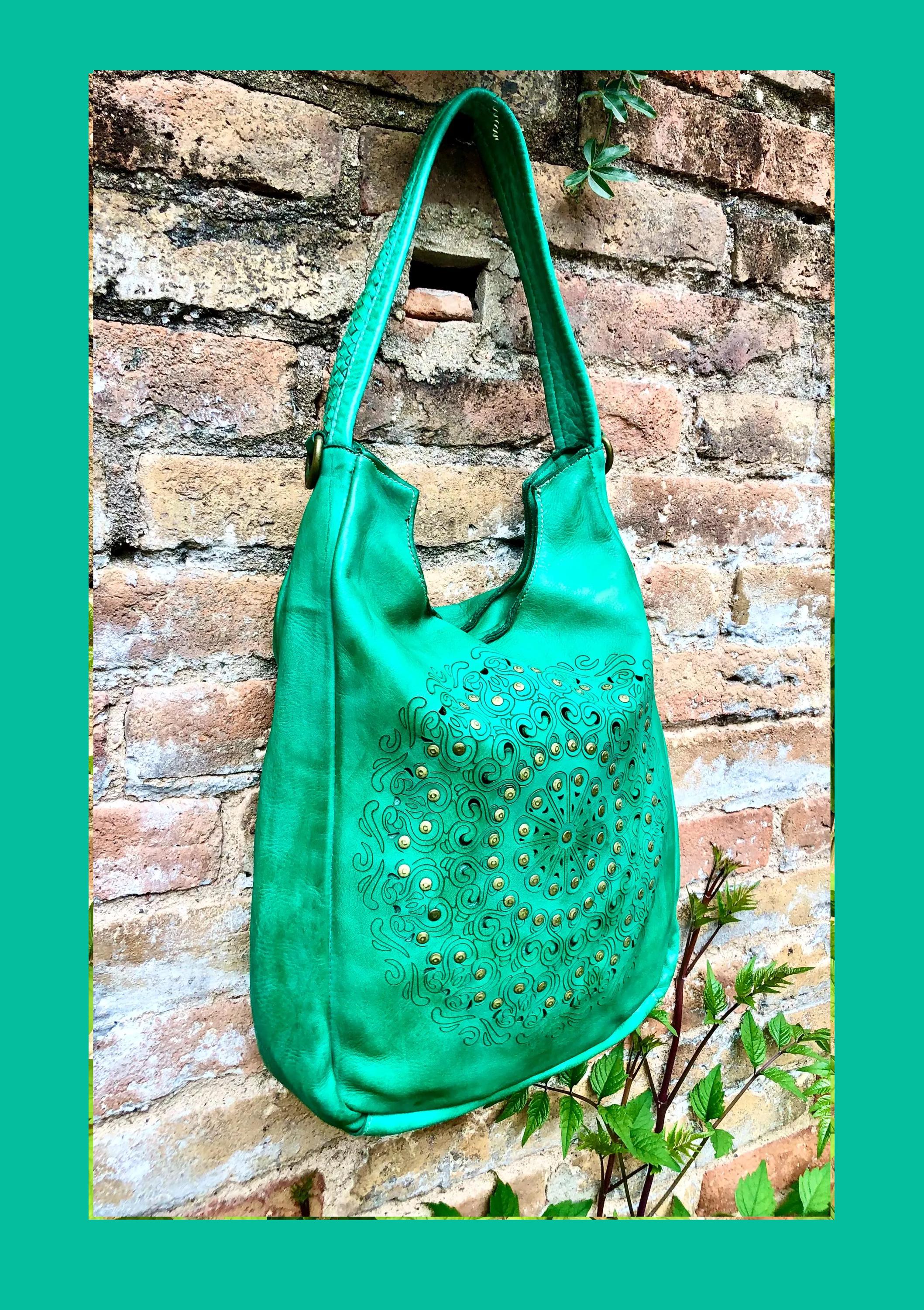 GREEN distressed leather shoulder / crossbody bag. Soft genuine leather shopper. Green boho hippy bag. Green leather purse with tack design
