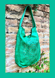 GREEN distressed leather shoulder / crossbody bag. Soft genuine leather shopper. Green boho hippy bag. Green leather purse with tack design