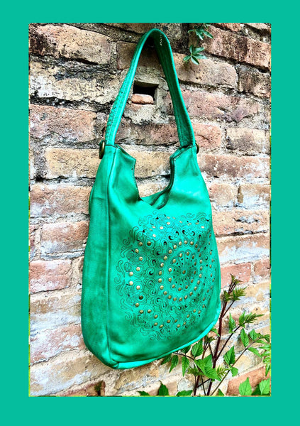 GREEN distressed leather shoulder / crossbody bag. Soft genuine leather shopper. Green boho hippy bag. Green leather purse with tack design
