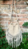 Crossbody / shoulder fringed bag. Beige BOHO suede leather drawstring bag with long FRINGES. Genuine leather hippy bag. Suede fringed purse.