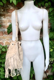 Crossbody / shoulder fringed bag. Beige BOHO suede leather drawstring bag with long FRINGES. Genuine leather hippy bag. Suede fringed purse.