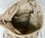 Crossbody / shoulder fringed bag. Beige BOHO suede leather drawstring bag with long FRINGES. Genuine leather hippy bag. Suede fringed purse.