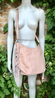Light pink crossbody / shoulder bag. Pink boho FRINGED genuine leather bag. Messenger bag with fringes.Pink leather hobo purse with 2 straps