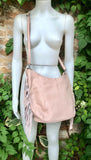 Light pink crossbody / shoulder bag. Pink boho FRINGED genuine leather bag. Messenger bag with fringes.Pink leather hobo purse with 2 straps