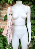 Light pink crossbody / shoulder bag. Pink boho FRINGED genuine leather bag. Messenger bag with fringes.Pink leather hobo purse with 2 straps