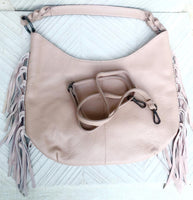 Light pink crossbody / shoulder bag. Pink boho FRINGED genuine leather bag. Messenger bag with fringes.Pink leather hobo purse with 2 straps