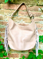 Light pink crossbody / shoulder bag. Pink boho FRINGED genuine leather bag. Messenger bag with fringes.Pink leather hobo purse with 2 straps
