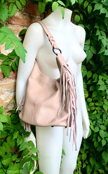 Light pink crossbody / shoulder bag. Pink boho FRINGED genuine leather bag. Messenger bag with fringes.Pink leather hobo purse with 2 straps