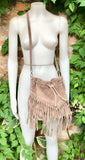 Crossbody / shoulder hippy fringed bag. Light brown BOHO suede leather drawstring bag. Long FRINGES. Light brown genuine suede leather purse