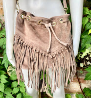 Crossbody / shoulder hippy fringed bag. Light brown BOHO suede leather drawstring bag. Long FRINGES. Light brown genuine suede leather purse