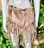 Crossbody / shoulder hippy fringed bag. Light brown BOHO suede leather drawstring bag. Long FRINGES. Light brown genuine suede leather purse