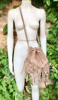 Crossbody / shoulder hippy fringed bag. Light brown BOHO suede leather drawstring bag. Long FRINGES. Light brown genuine suede leather purse