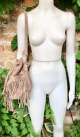 Crossbody / shoulder hippy fringed bag. Light brown BOHO suede leather drawstring bag. Long FRINGES. Light brown genuine suede leather purse