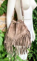 Crossbody / shoulder hippy fringed bag. Light brown BOHO suede leather drawstring bag. Long FRINGES. Light brown genuine suede leather purse