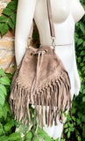 Crossbody / shoulder hippy fringed bag. Light brown BOHO suede leather drawstring bag. Long FRINGES. Light brown genuine suede leather purse