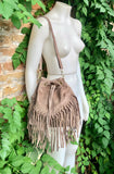Crossbody / shoulder hippy fringed bag. Light brown BOHO suede leather drawstring bag. Long FRINGES. Light brown genuine suede leather purse