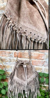 Crossbody / shoulder hippy fringed bag. Light brown BOHO suede leather drawstring bag. Long FRINGES. Light brown genuine suede leather purse