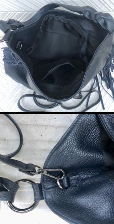 Navy crossbody / shoulder bag. Dark blue boho FRINGED genuine leather bag. Messenger bag with fringes. Navy leather hobo purse with 2 straps