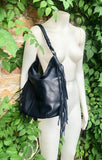 Navy crossbody / shoulder bag. Dark blue boho FRINGED genuine leather bag. Messenger bag with fringes. Navy leather hobo purse with 2 straps