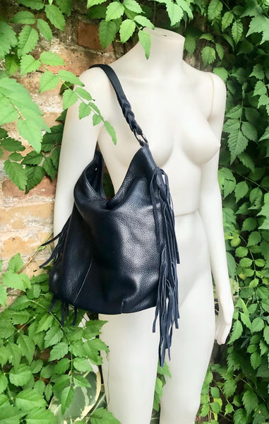 Navy crossbody / shoulder bag. Dark blue boho FRINGED genuine leather bag. Messenger bag with fringes. Navy leather hobo purse with 2 straps