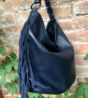 Navy crossbody / shoulder bag. Dark blue boho FRINGED genuine leather bag. Messenger bag with fringes. Navy leather hobo purse with 2 straps