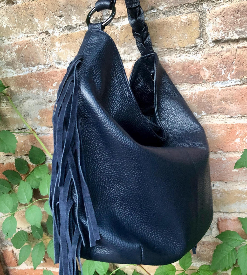 Navy crossbody / shoulder bag. Dark blue boho FRINGED genuine leather bag. Messenger bag with fringes. Navy leather hobo purse with 2 straps