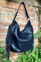 Navy crossbody / shoulder bag. Dark blue boho FRINGED genuine leather bag. Messenger bag with fringes. Navy leather hobo purse with 2 straps