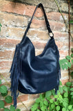 Navy crossbody / shoulder bag. Dark blue boho FRINGED genuine leather bag. Messenger bag with fringes. Navy leather hobo purse with 2 straps