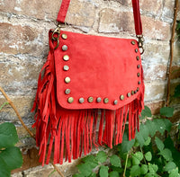 Red crossbody fringed bag with tacks. BOHO suede leather bag with FRINGES. Red genuine suede leather. Red suede purse