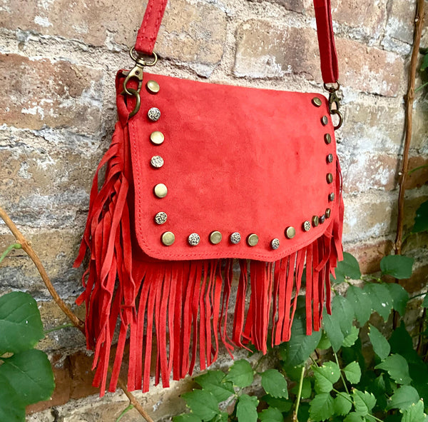 Red crossbody fringed bag with tacks. BOHO suede leather bag with FRINGES. Red genuine suede leather. Red suede purse