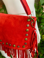 Red crossbody fringed bag with tacks. BOHO suede leather bag with FRINGES. Red genuine suede leather. Red suede purse