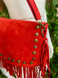 Red crossbody fringed bag with tacks. BOHO suede leather bag with FRINGES. Red genuine suede leather. Red suede purse