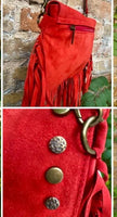 Red crossbody fringed bag with tacks. BOHO suede leather bag with FRINGES. Red genuine suede leather. Red suede purse