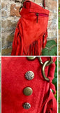 Red crossbody fringed bag with tacks. BOHO suede leather bag with FRINGES. Red genuine suede leather. Red suede purse