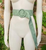 Sage green leather waist belt with large round buckle. Mint green boho soft genuine leather belt.Light green wide waist belt.Braided leather