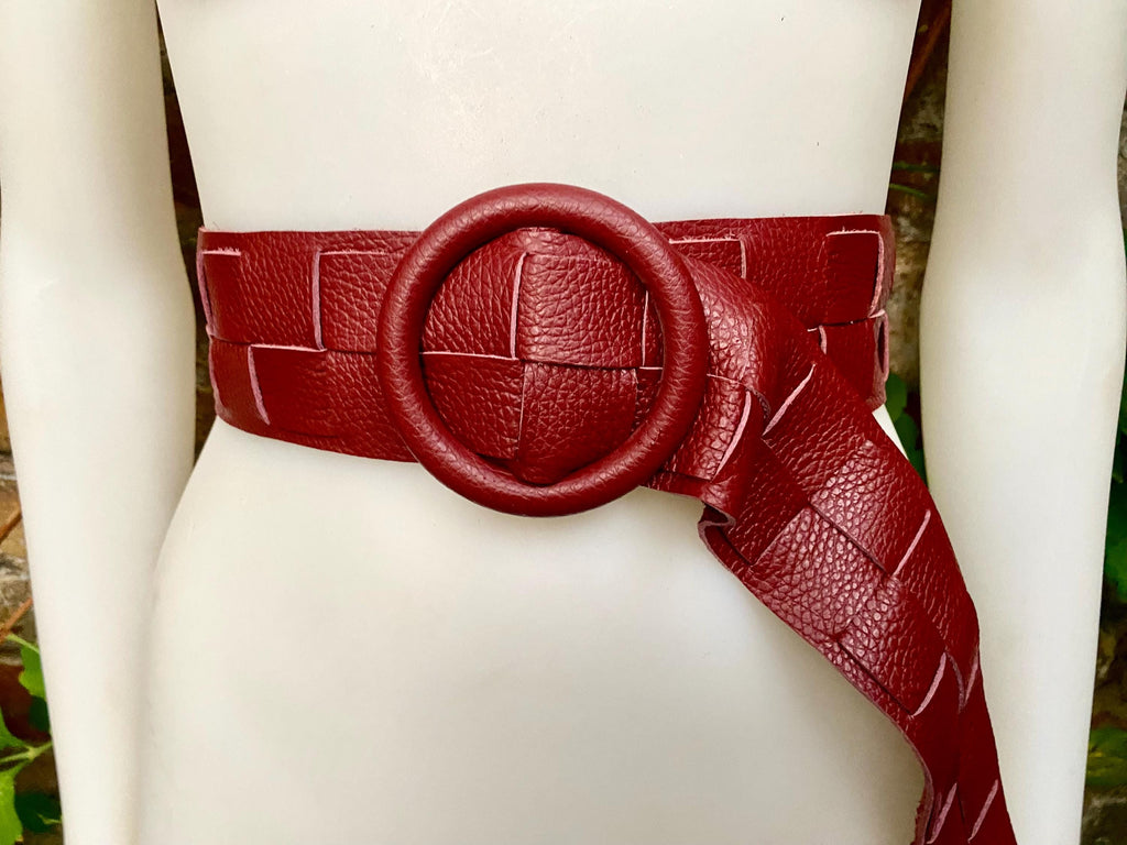 Burgundy leather waist belt with large round buckle. Dark red boho soft genuine leather belt. Wine red wide waist belt.Braided leather