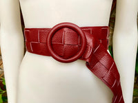 Burgundy leather waist belt with large round buckle. Dark red boho soft genuine leather belt. Wine red wide waist belt.Braided leather