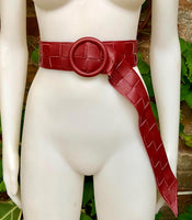 Burgundy leather waist belt with large round buckle. Dark red boho soft genuine leather belt. Wine red wide waist belt.Braided leather