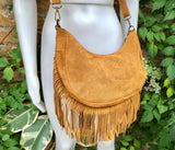 Camel brown crossbody / shoulder bag.Saddle brown boho leather bag with FRINGES.Genuine leather messenger.2 straps.Brown fringed suede purse