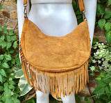Camel brown crossbody / shoulder bag.Saddle brown boho leather bag with FRINGES.Genuine leather messenger.2 straps.Brown fringed suede purse