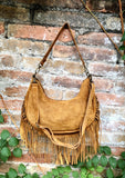 Camel brown crossbody / shoulder bag.Saddle brown boho leather bag with FRINGES.Genuine leather messenger.2 straps.Brown fringed suede purse