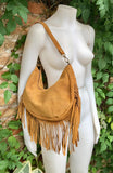 Camel brown crossbody / shoulder bag.Saddle brown boho leather bag with FRINGES.Genuine leather messenger.2 straps.Brown fringed suede purse