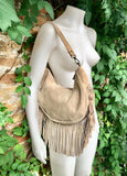 Beige crossbody / shoulder bag. Dark cream boho leather bag with FRINGES. Genuine leather messenger.2 straps. Beige fringed suede purse