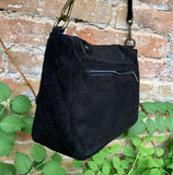 BOHO suede messenger leather bag in BLACK. Crossbody bag in BLACK suede. Soft genuine leather bag. Zipper + flap. Black boho suede purse