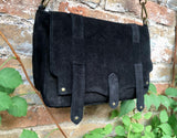 BOHO suede messenger leather bag in BLACK. Crossbody bag in BLACK suede. Soft genuine leather bag. Zipper + flap. Black boho suede purse